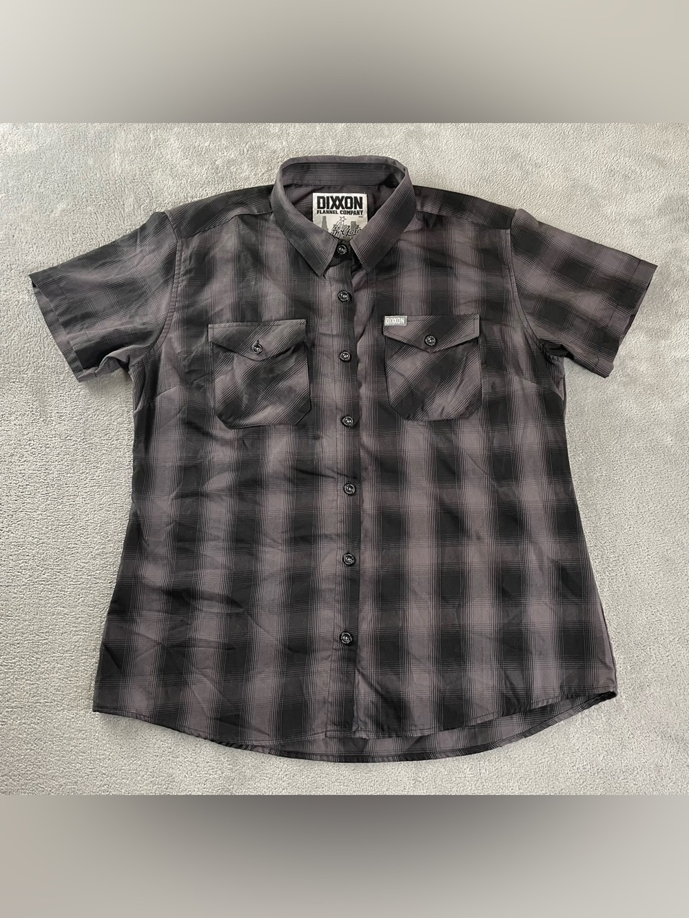 Dixxon Flannel South Gate Shirt Womens XL Black Gray Plaid Button Short Sleeve